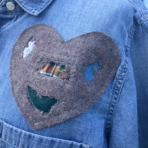 One-of-a-Kind Upcycled Denim Shirt | Cropped Distressed Denim with Wool Patches - Picture 5 of 8